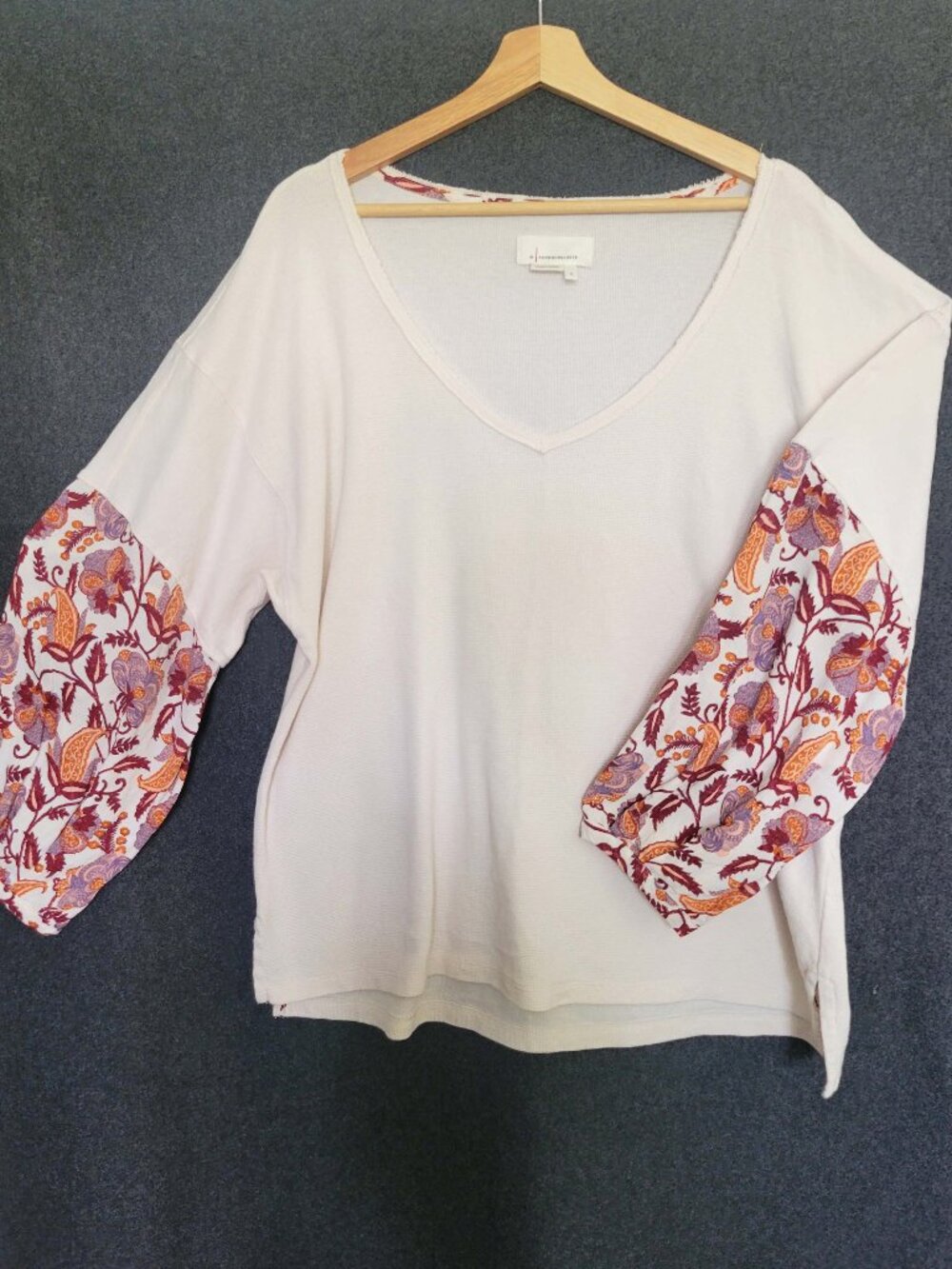Anthropologie Thermal Waffle Knit Oversized Top Floral Sleeves Relaxed Boho Chic